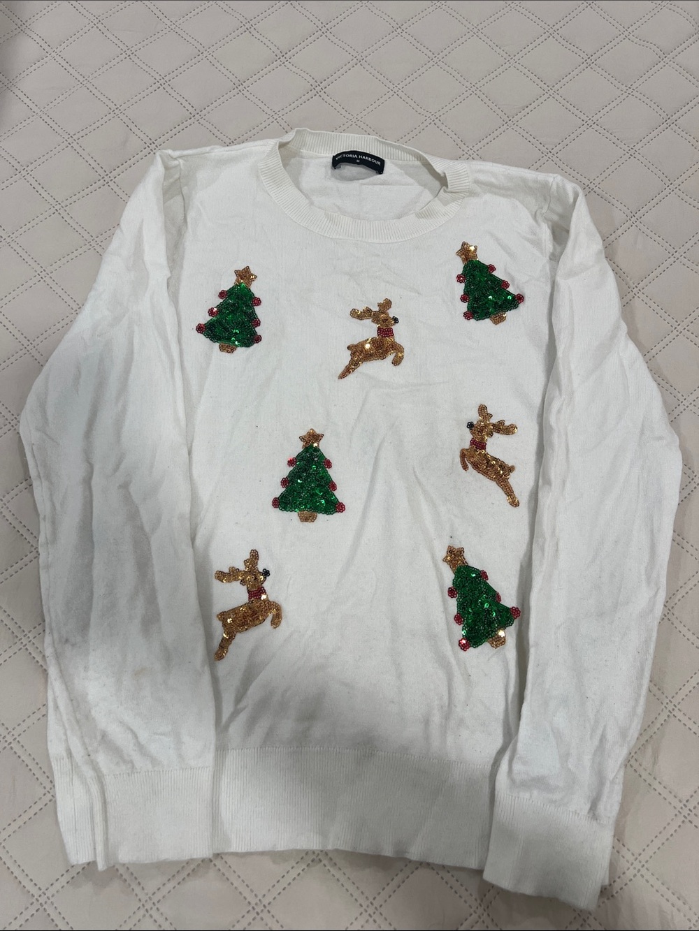 Kids White Holiday Sweater with Green Sequin Trees and Gold Reindeer